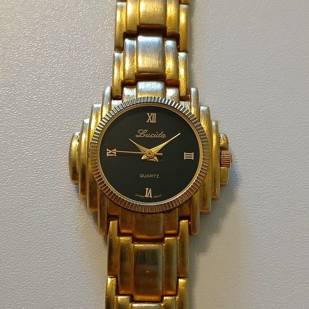 VTG 80s Lucida Gold Tone Black Dial Quartz Women's Art Deco Style Watch 26mm